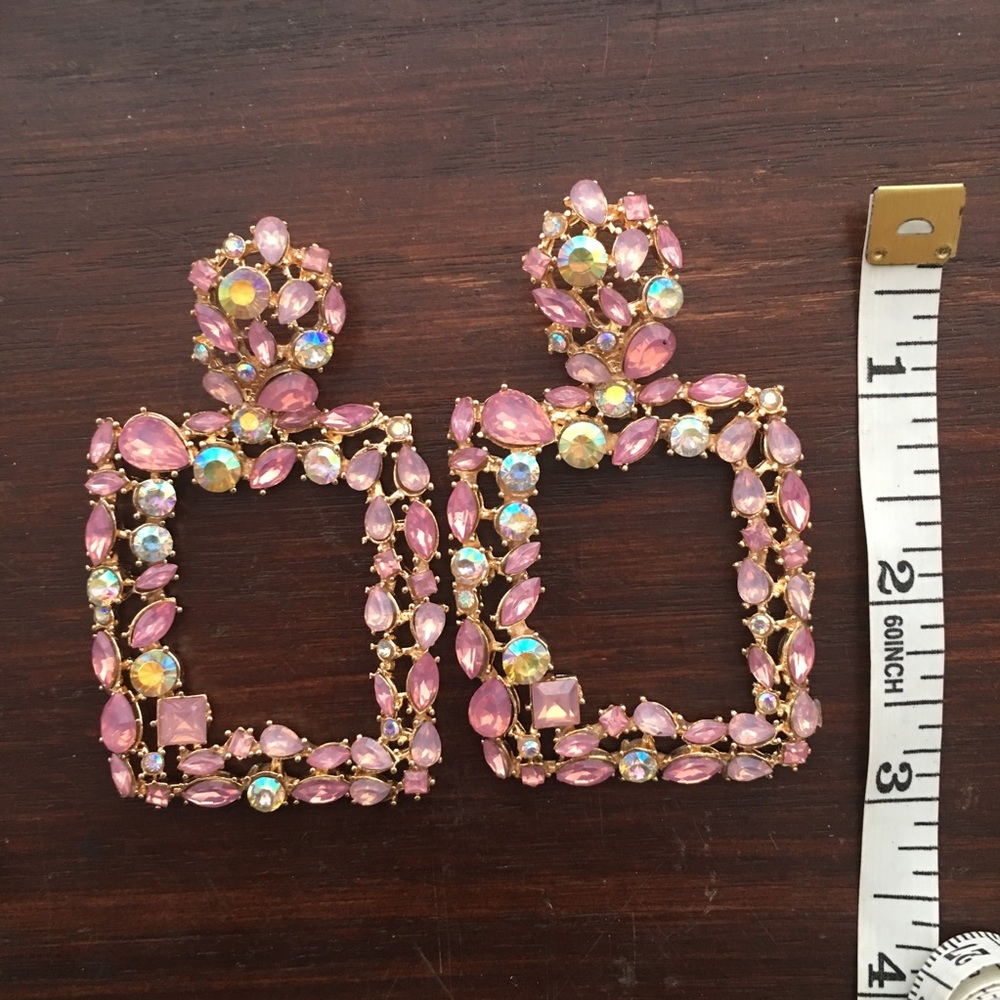 Pink Bejeweled Square Earrings - Picture 5 of 5